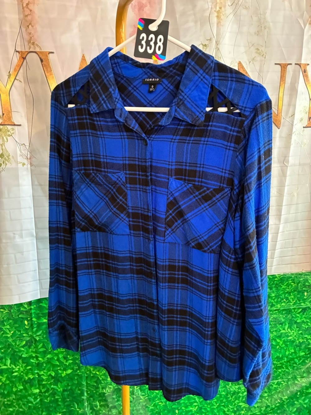 #338 Torrid Blue & Black Plaid Button Up Top Size 0 (L)